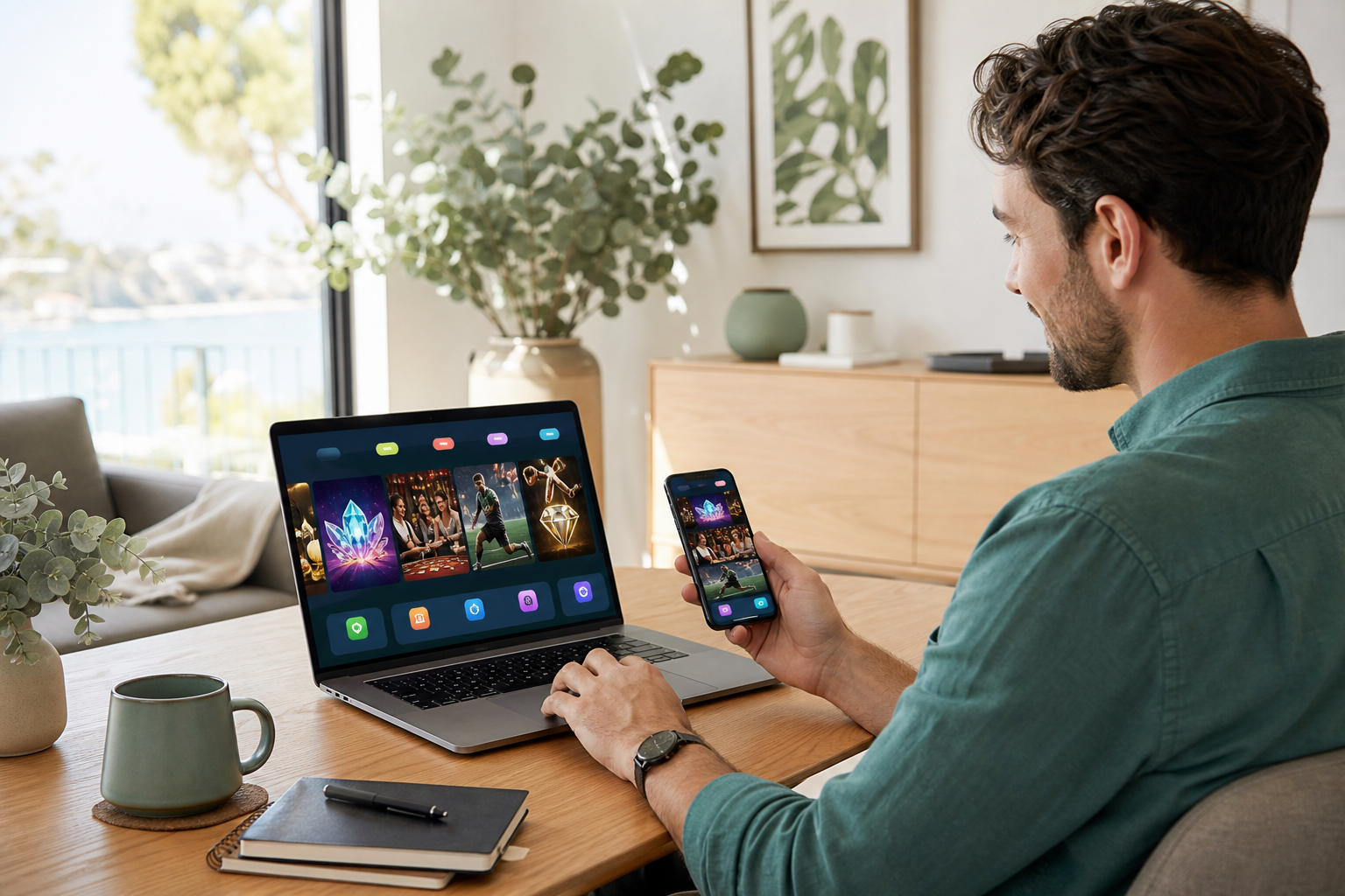 Player exploring ALDI Casino games, live tables and sports on a laptop and smartphone
