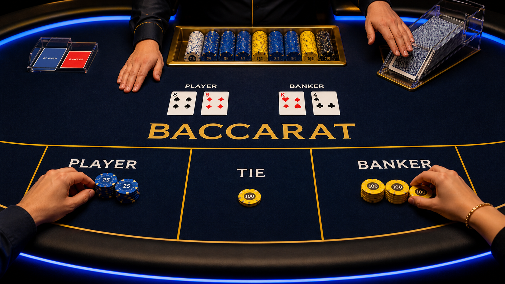 Baccarat table with Player, Tie and Banker betting zones