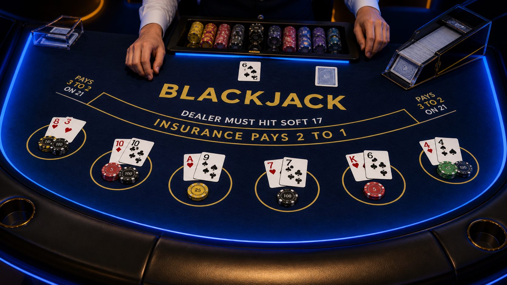 Blackjack table with authentic markings, cards and chips