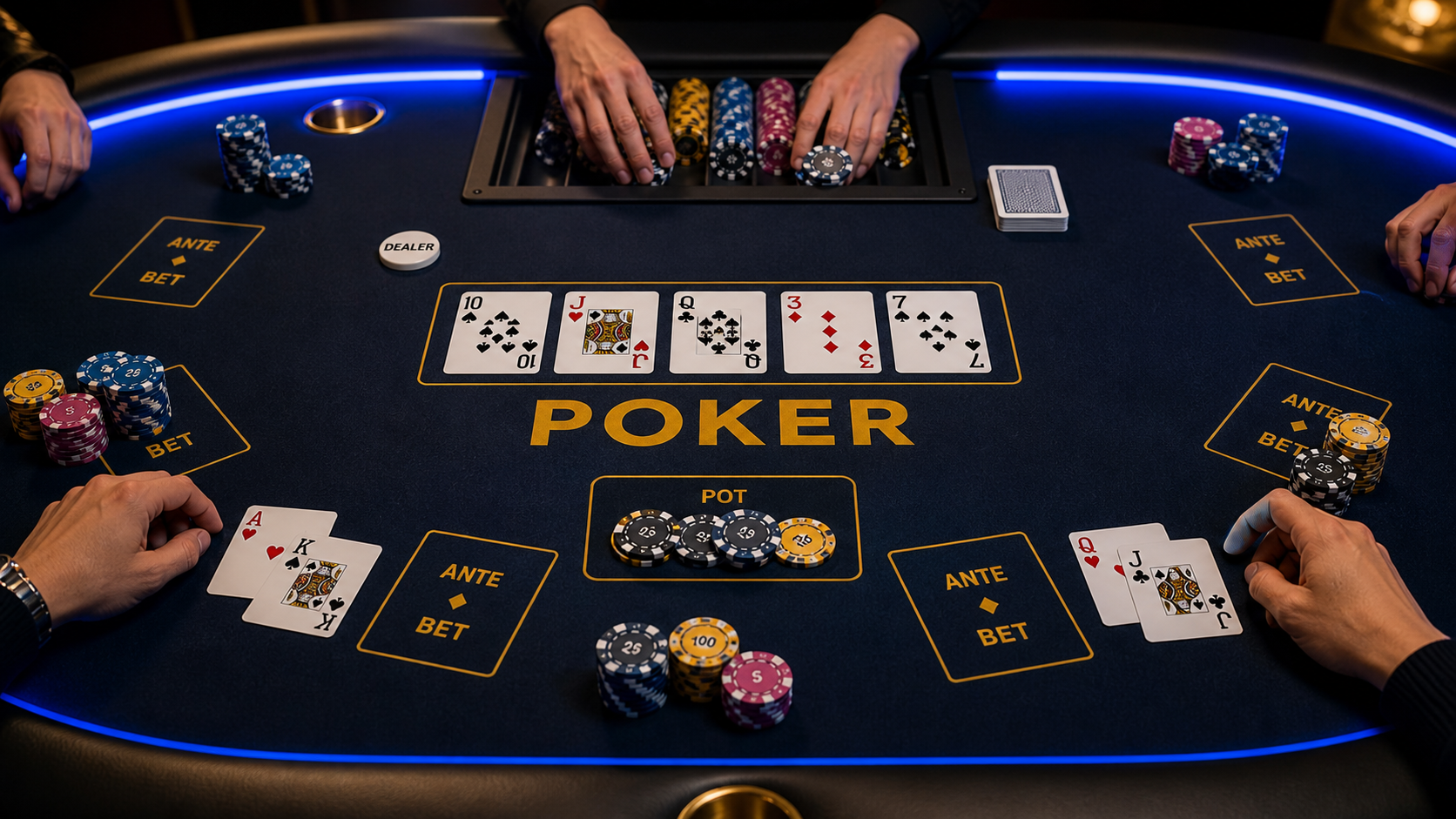 Poker table with community cards and player positions