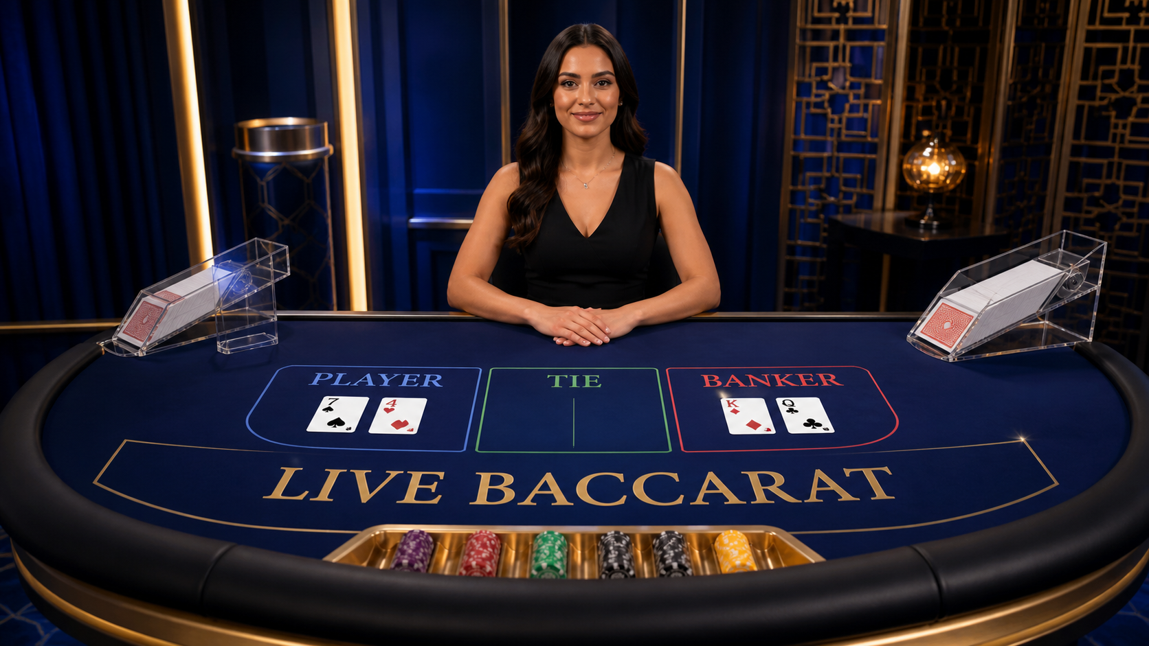 Live baccarat dealers holding playing cards