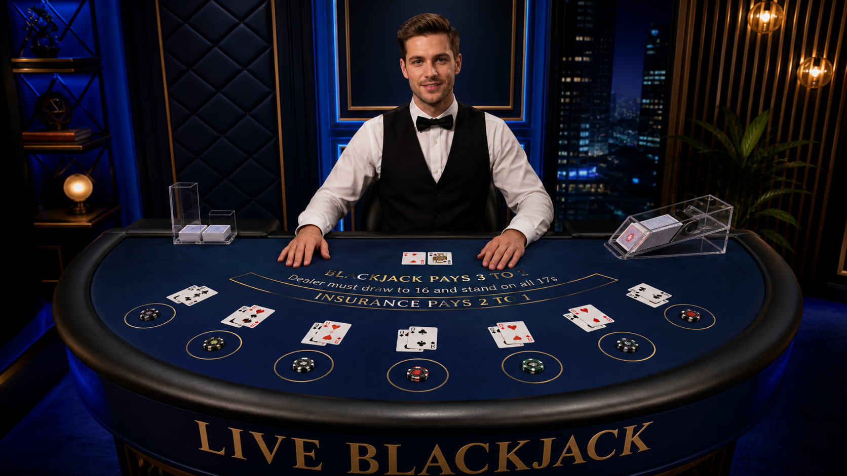 Live blackjack dealer at a casino table
