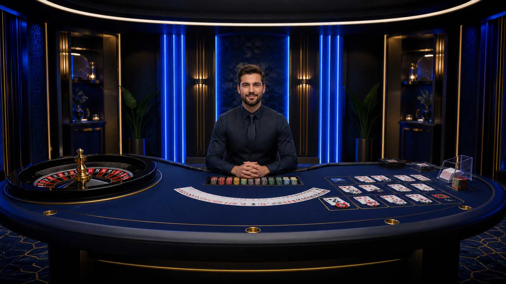 Live dealer presenting a casino game in a modern studio