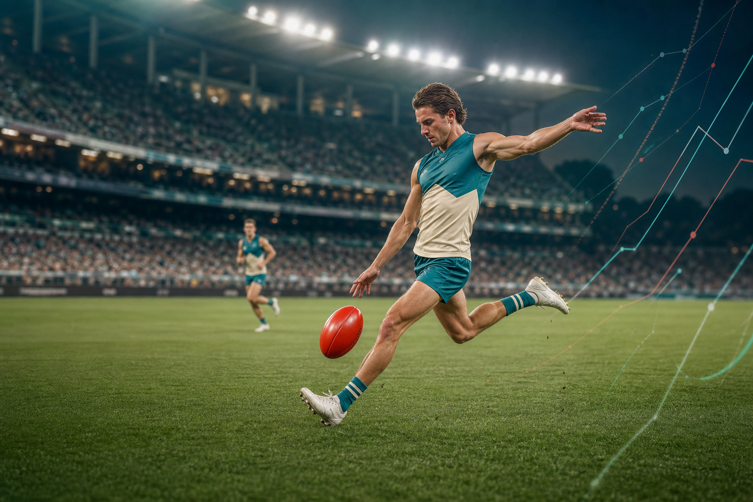 Australian rules football player kicking a red ball in a stadium